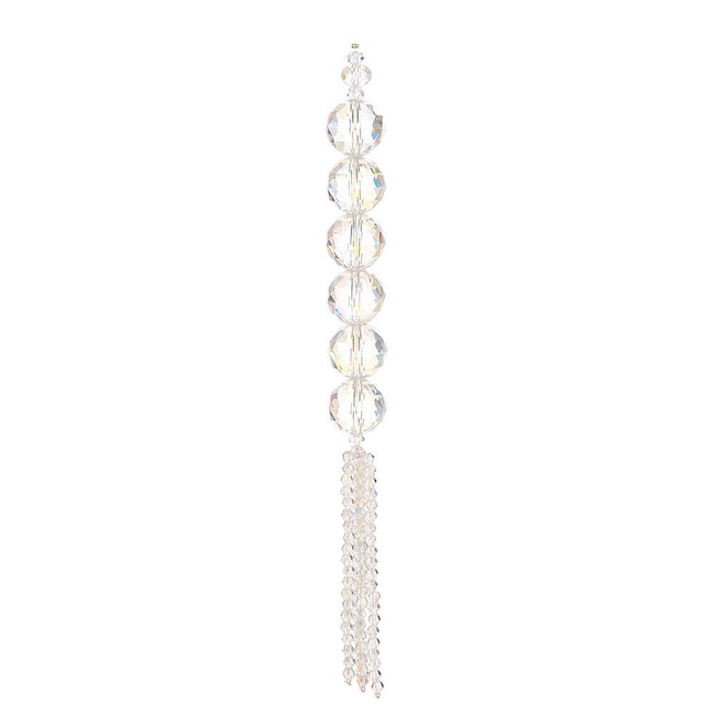 Clear tassel bead drop ornament with a hanging tassel.