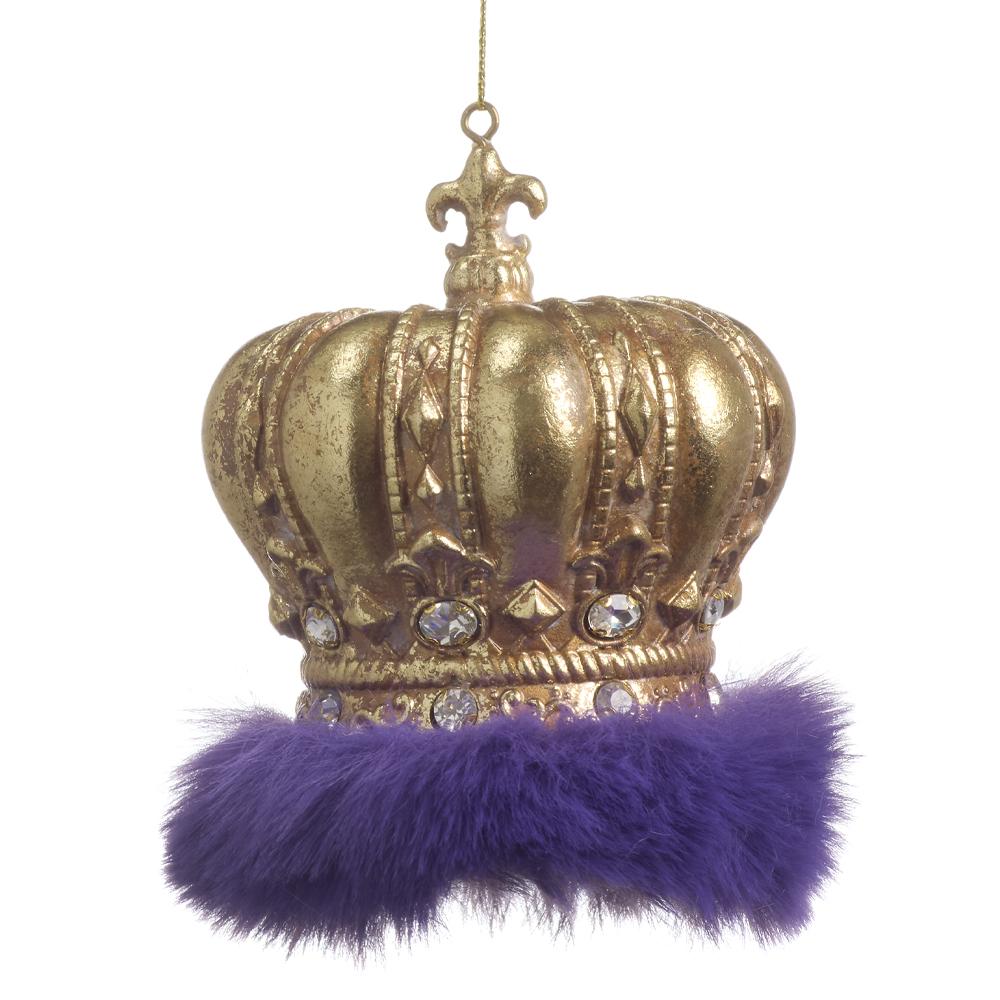 4" Gold Crown Purple Fur Rhinestones Ornament