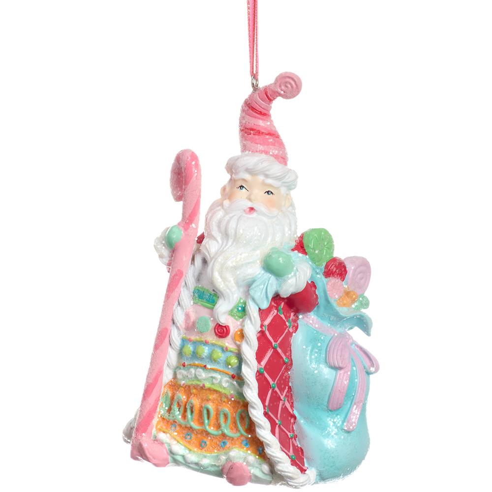 Santa ornament holding a candy cane, in a multi-color finish.