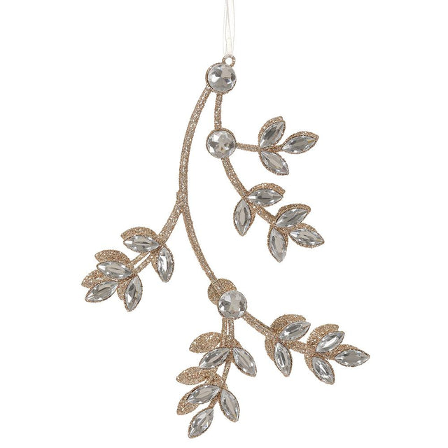 Gold rhinestone leaf ornament with jeweled detail.