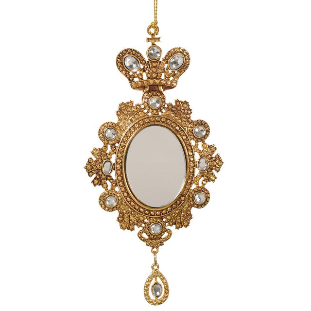 Gold rhinestone mirror ornament with a reflective center.