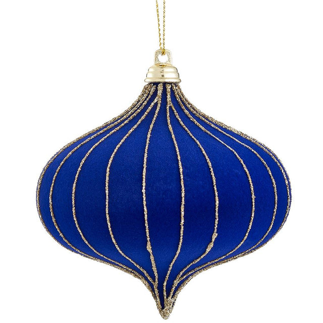 Blue flocked onion ornament with glitter and a tiffany tone.
