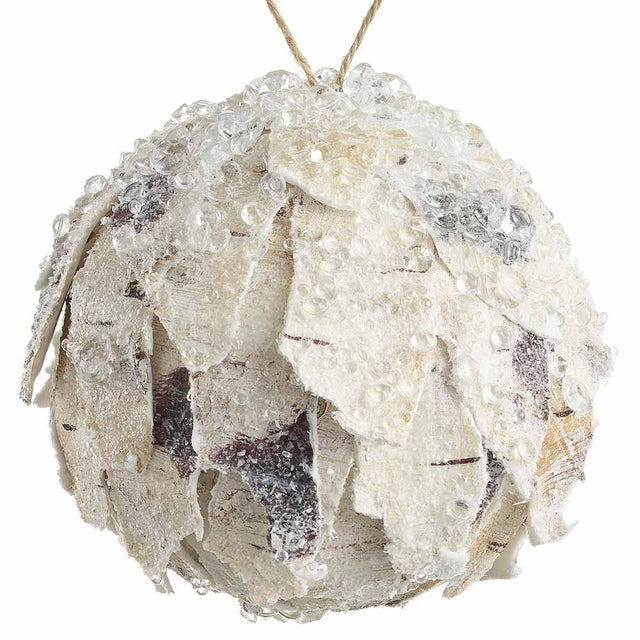 Beige and clear beaded birch ball ornament.