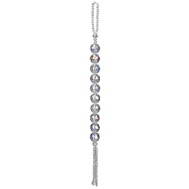 Clear crystal drop ornament with a hanging tassel.