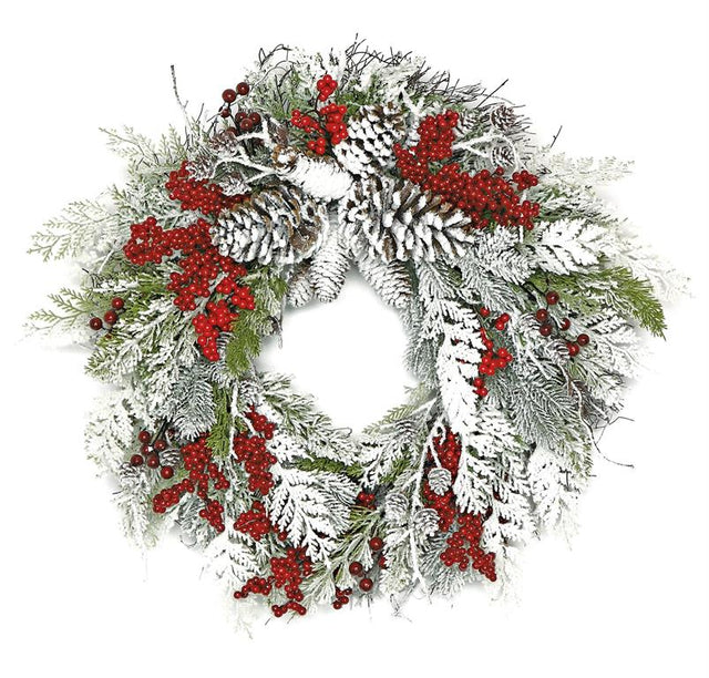 Snowy pinecone berry wreath, 28 inches