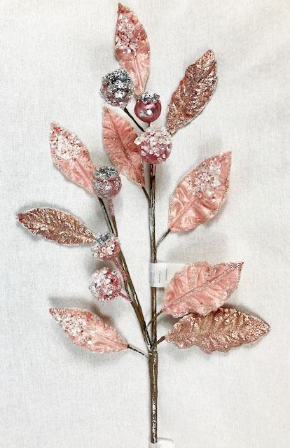 Blush spray with icy magnolia, leaves, and berries.