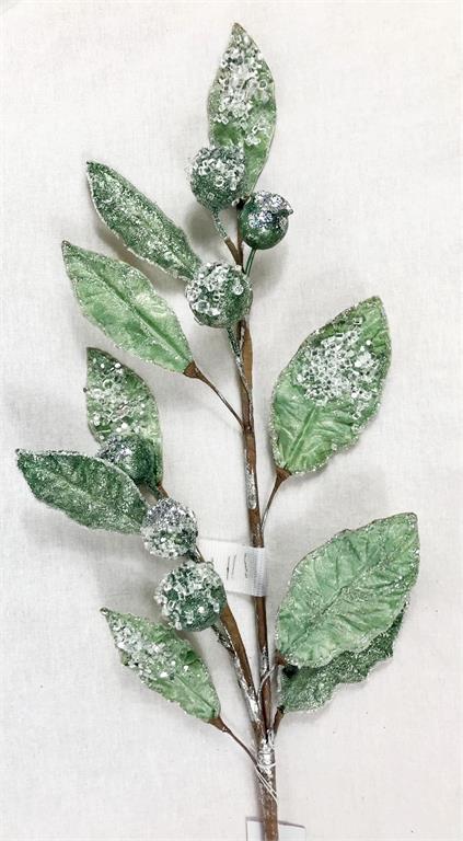 Green magnolia leaf and berry spray with an icy finish.