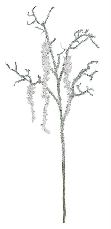 Clear icicle branch with hanging icy strands.