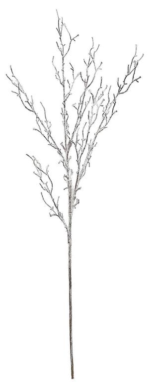 White flocked snow twig branch with bare winter branches.