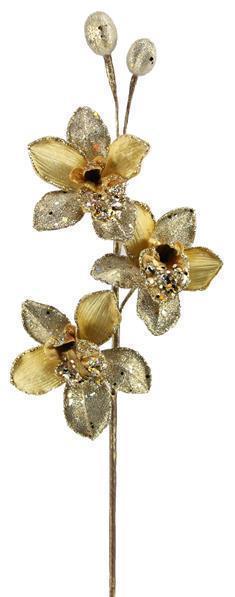 Gold orchid stem with layered blooms.