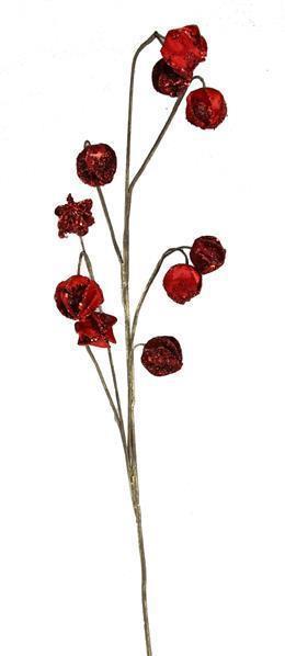 Red velvet lantern spray with hanging lantern forms.