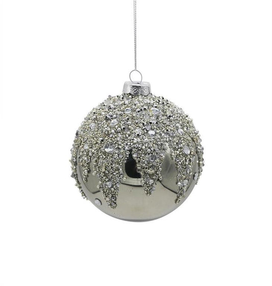 4" Platinum Glitter Glass Ornament