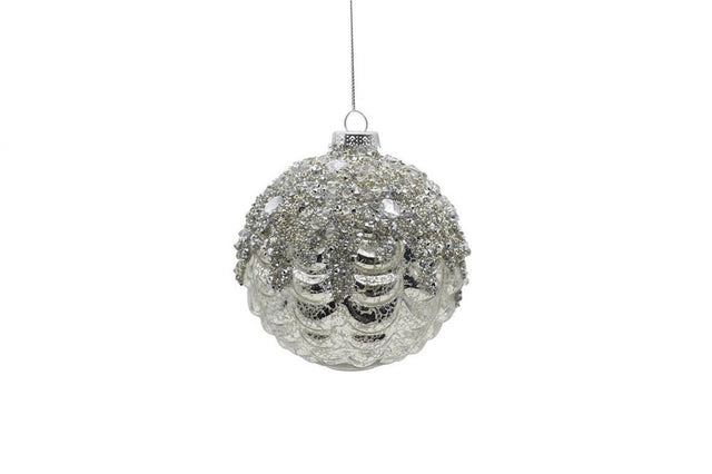 Silver diamond beaded ornament with a jewel finish.
