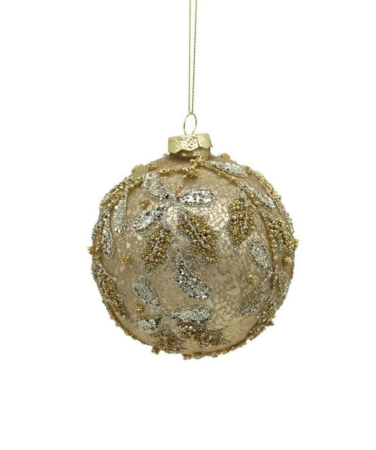 4" Champagne Holly Leaf Glass Ornament