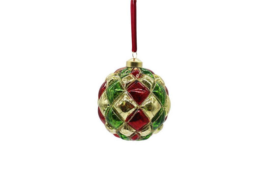 4" Ball Glass Red Gold Green Ornament
