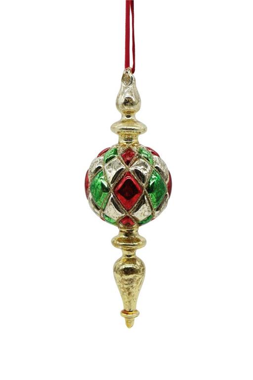 12" Finial Glass Red Gold Green