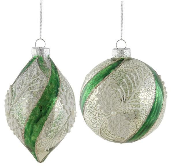 4-5" Frost Swirl Glass Ornament Silver White Green