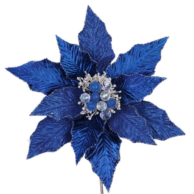 Navy blue festive poinsettia stem with jewel-toned petals.