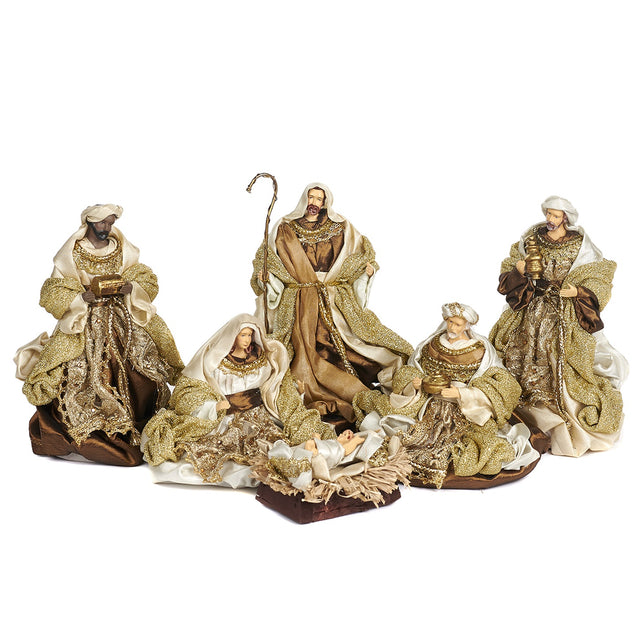 Holy Family nativity set in brown fabric, set of six figures.