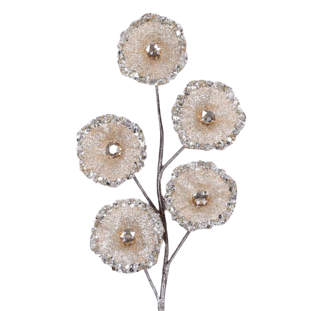 Gold crystal trumpet floral spray with faceted crystals.