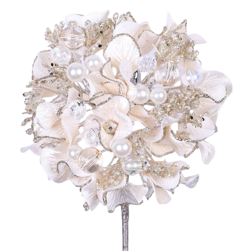 Ivory bejeweled hydrangea bloom with jewel accents.