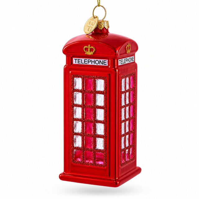 Red glass phone booth ornament with white window panes and a crown detail.