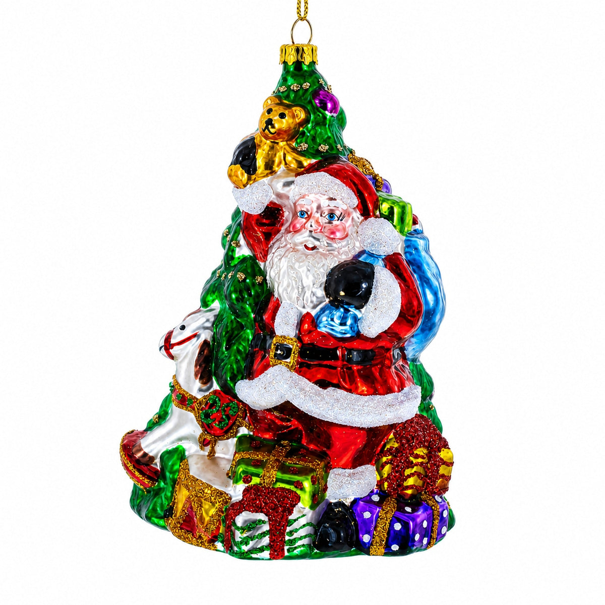 Green glass Christmas tree ornament with Santa, a teddy bear at the top and a rocking horse.