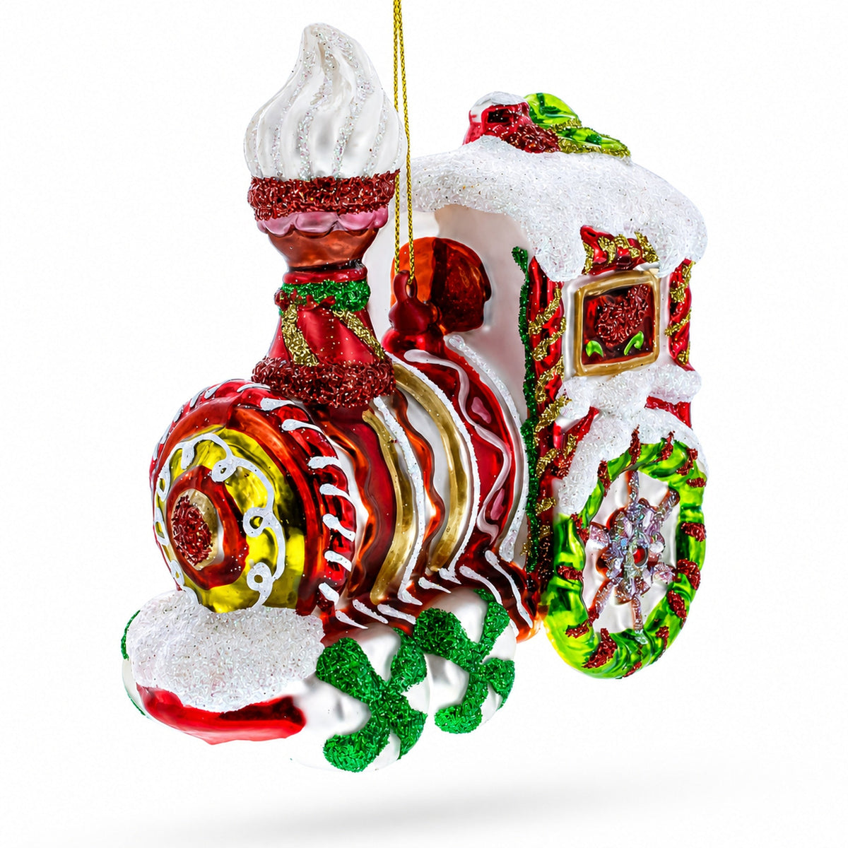 Red frosted glass train ornament with snow-dusted candy detailing and holly wheels.