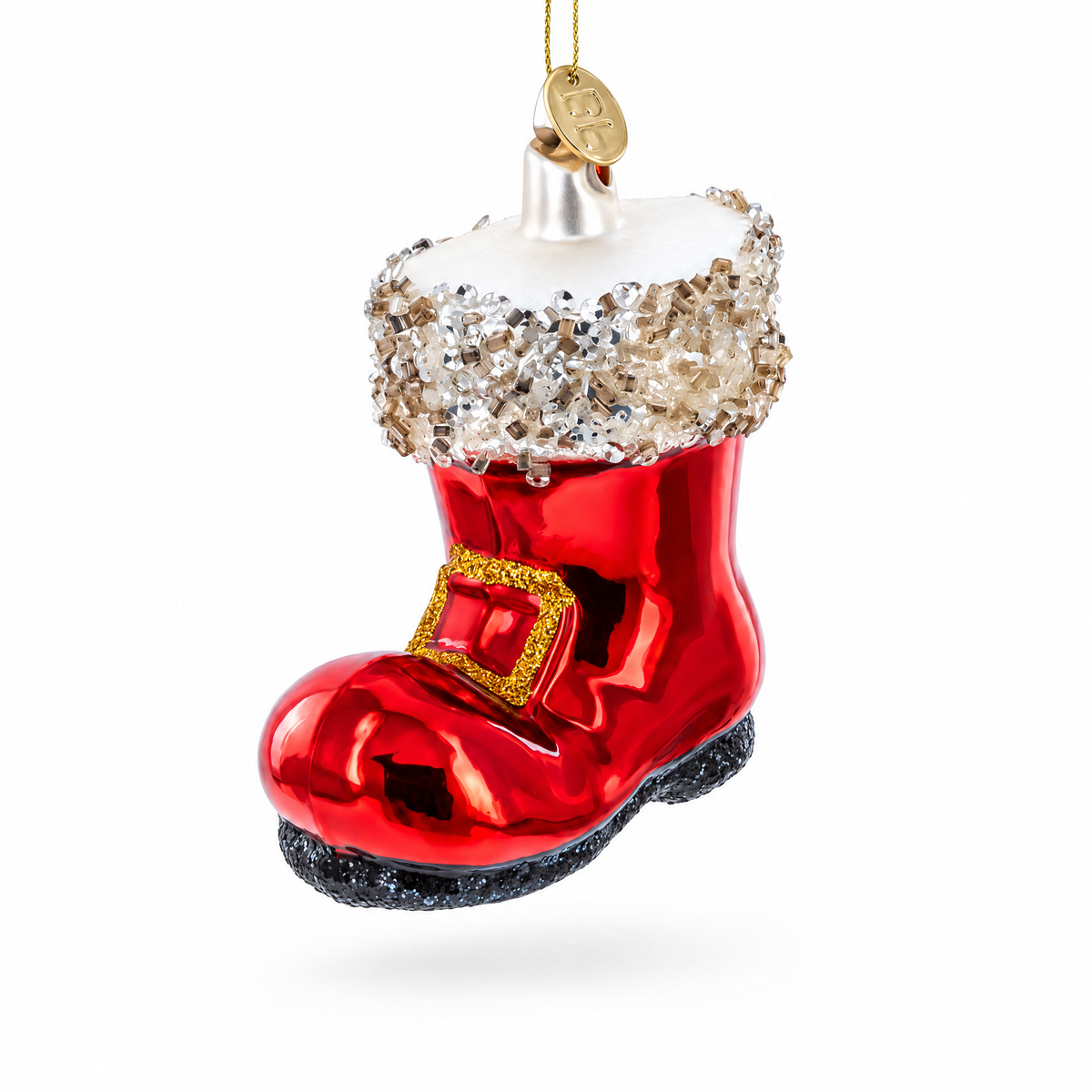 Red glass Santa boot ornament with a silver sequined cuff.