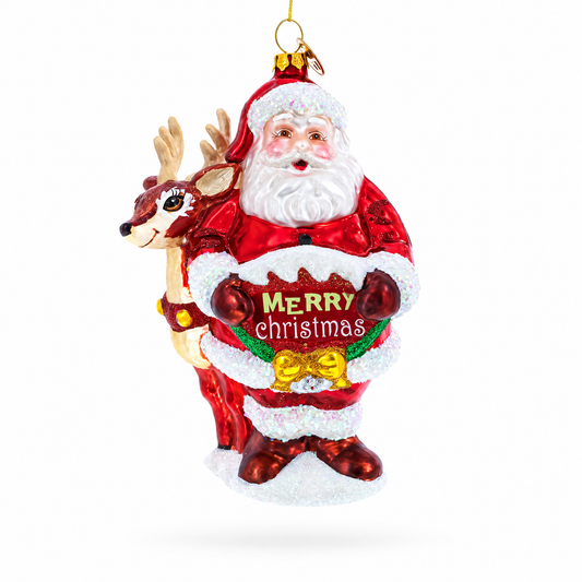 Red glass Santa ornament with a Merry Christmas sign and a reindeer at his side.