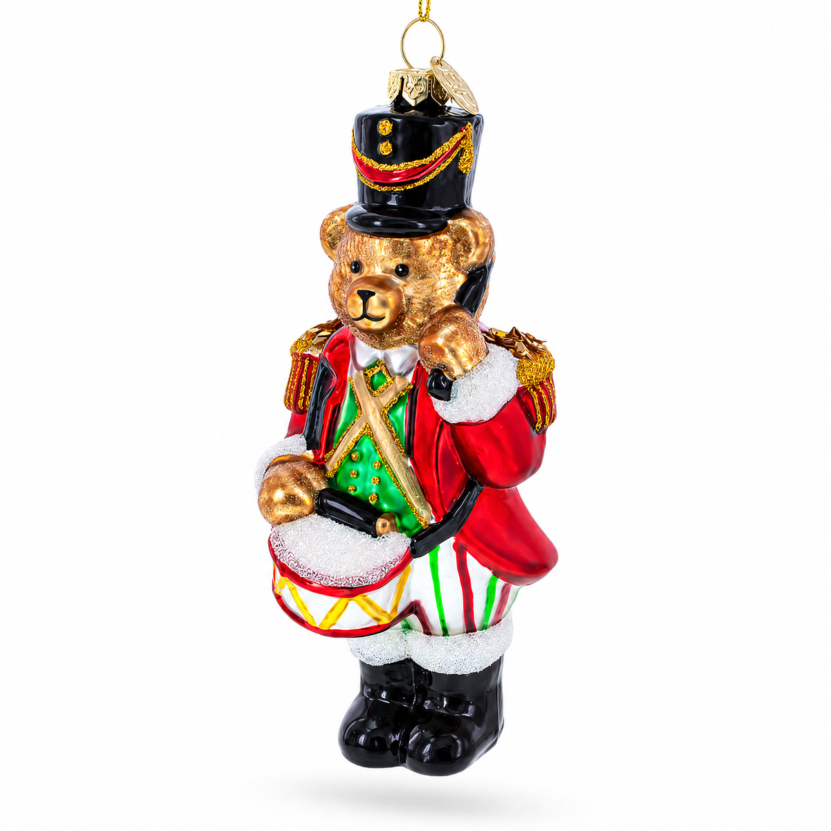 Red glass teddy bear nutcracker ornament with a drum and a black toy-soldier hat.