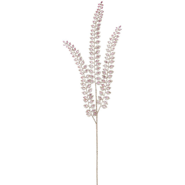 Pink rhinestone spray with rhinestone-edged leaves along a long stem.