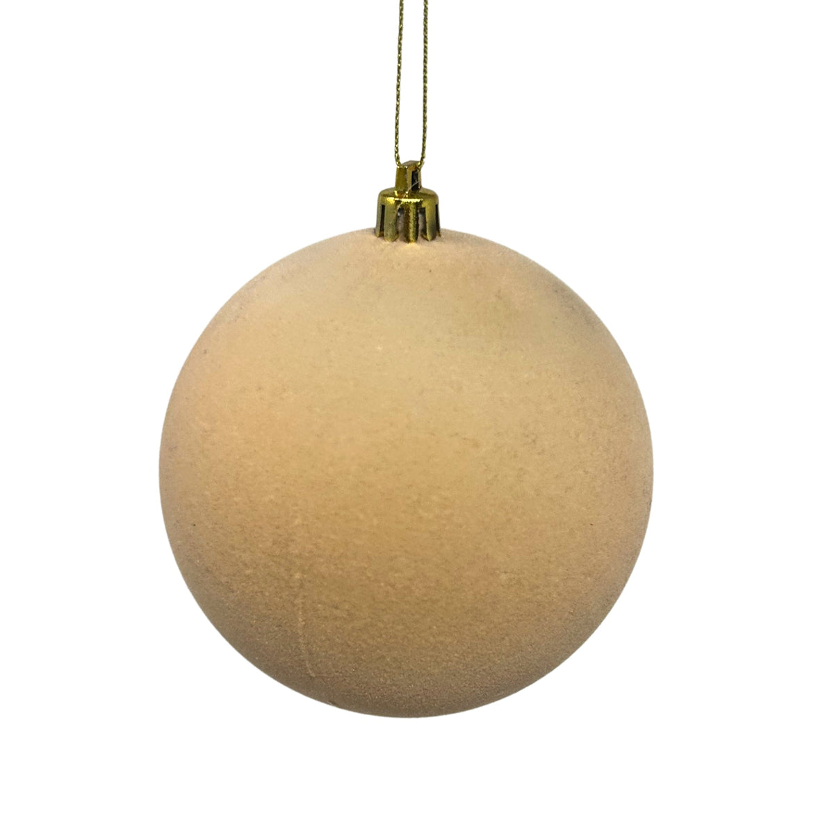 Beige flocked ball ornament with a suede-soft finish.