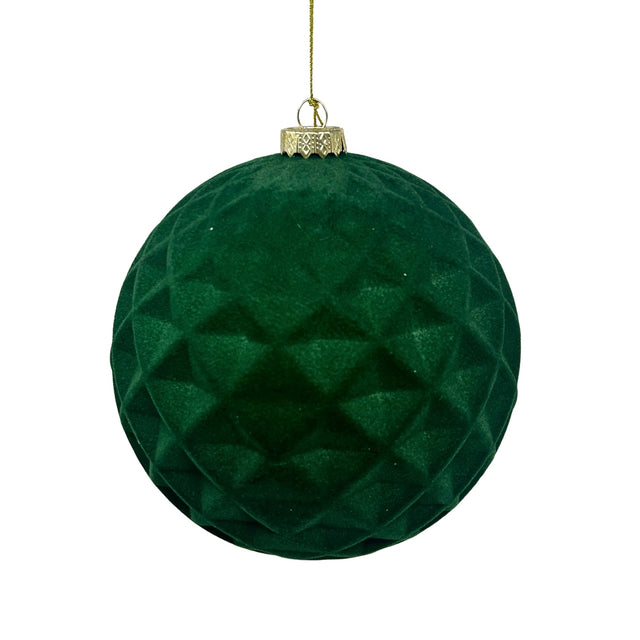 Hunter green flocked diamond ball ornament with a patterned finish.