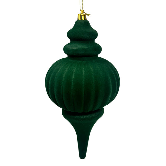 Green flocked finial ornament with a soft velvety finish.