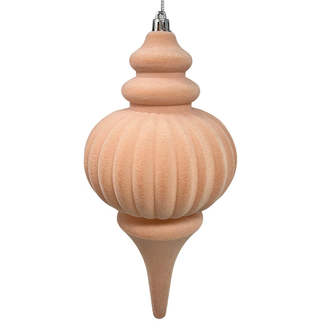 Pink flocked finial ornament with an elongated form.