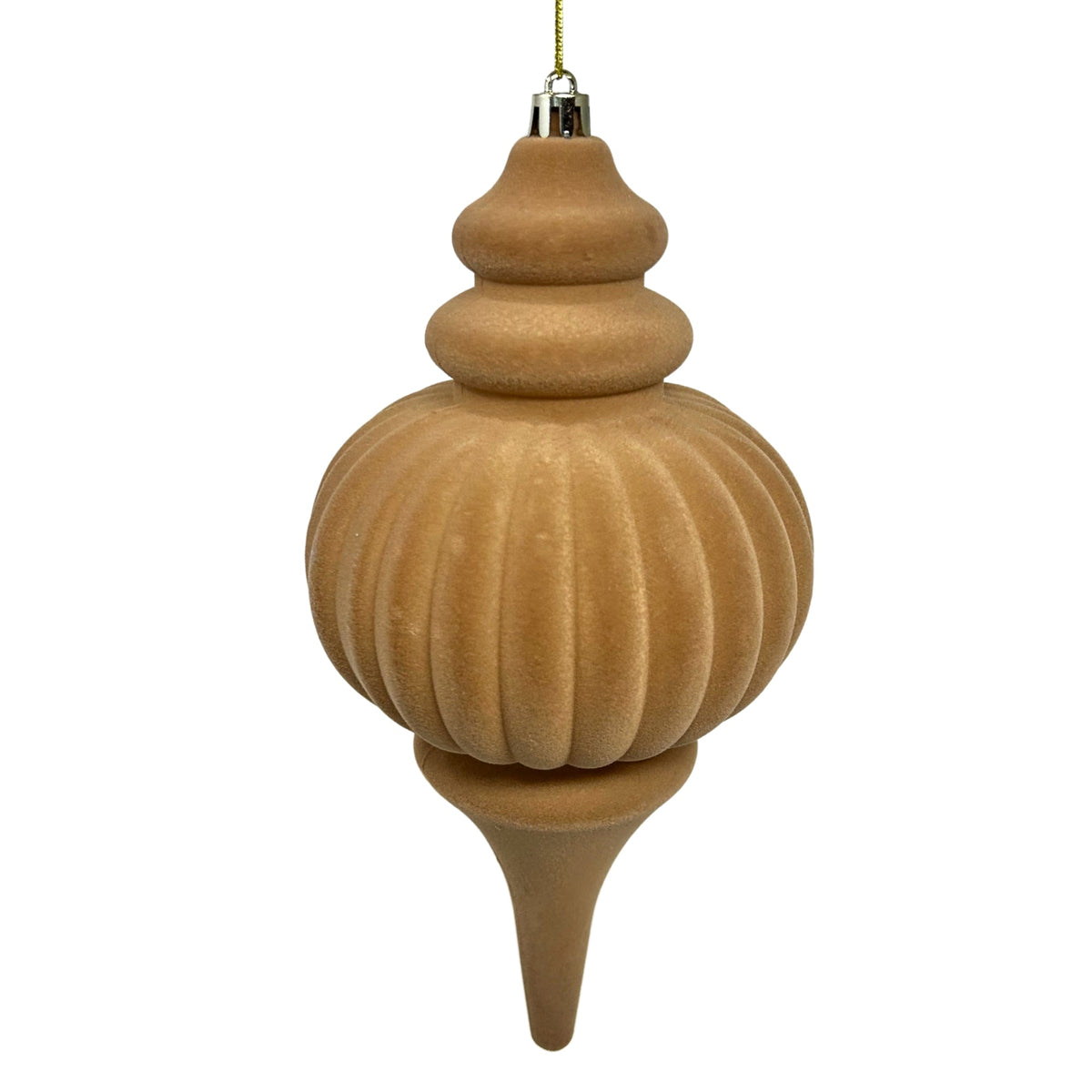 Brown flocked finial ornament with a velvety finish.