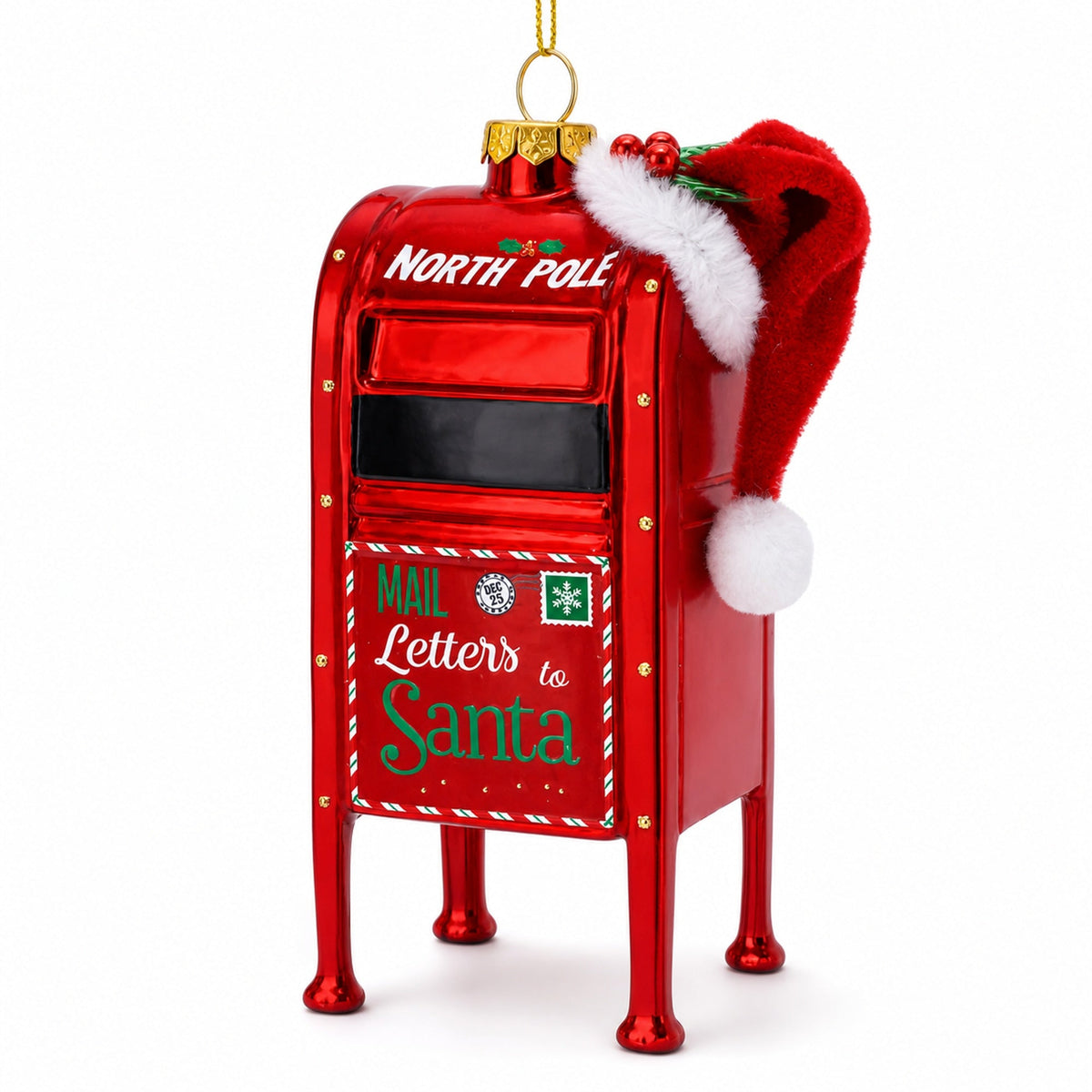 Red glass North Pole mailbox ornament with a Santa hat and Letters to Santa lettering.