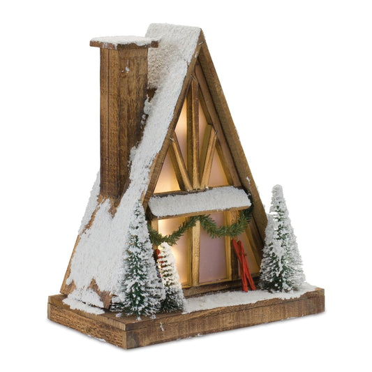 Ski lodge village building with a snowy scene.