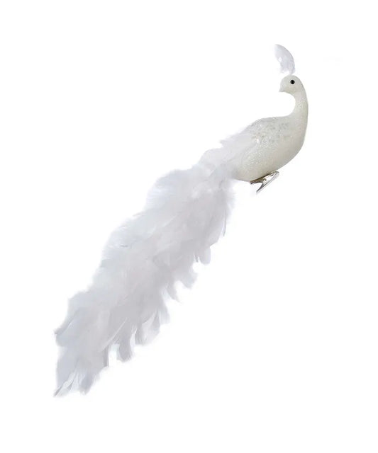 18" White Peacock Feather and Glitter Long Tail