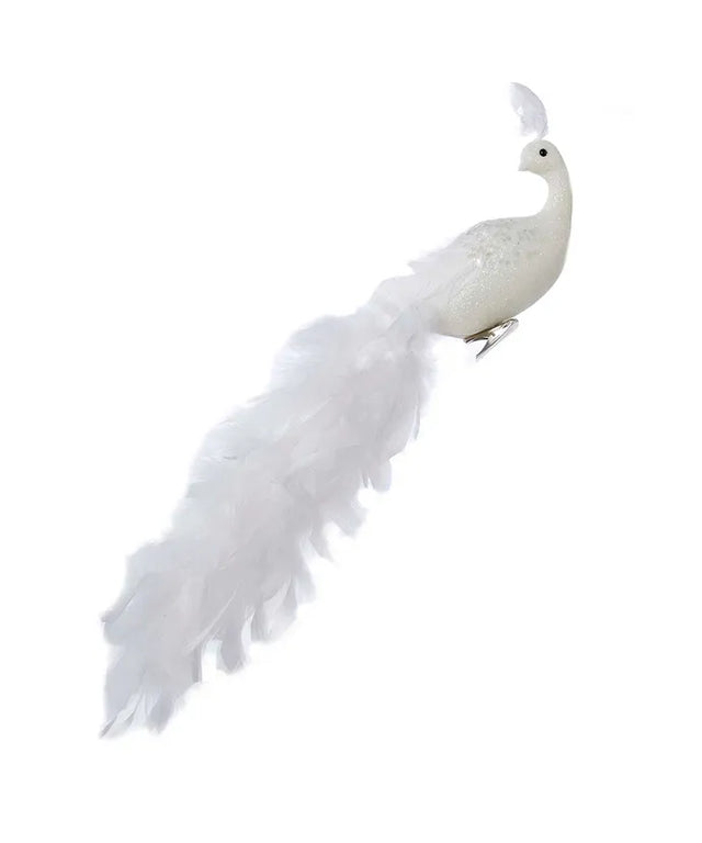 White peacock feather spray with glitter and a long flowing tail.