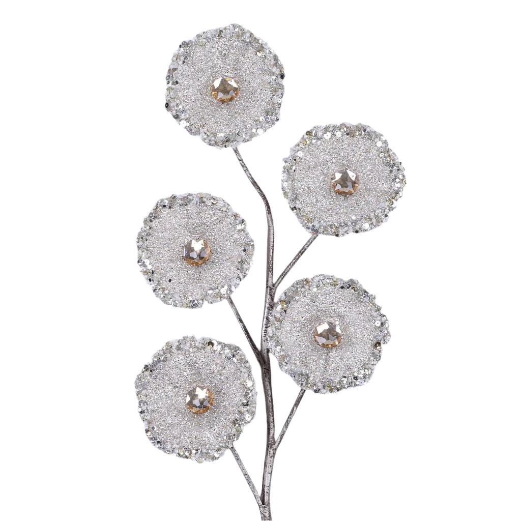 Platinum crystal trumpet floral spray with faceted crystals.