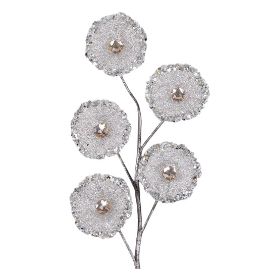 Platinum crystal trumpet floral spray with faceted crystals.