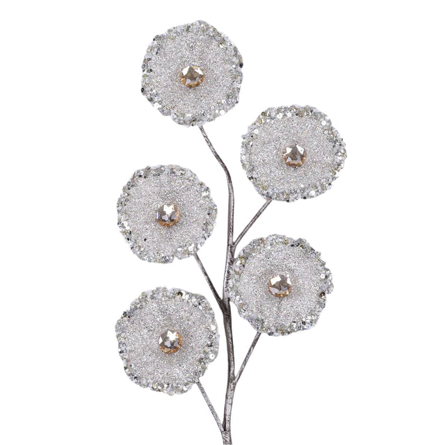 Platinum crystal trumpet floral spray with faceted crystals.