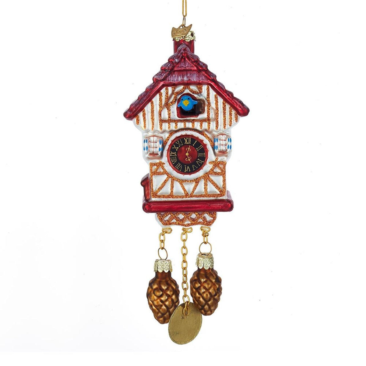 Red glass cuckoo clock ornament with pinecone weights and a tiny blue bird.