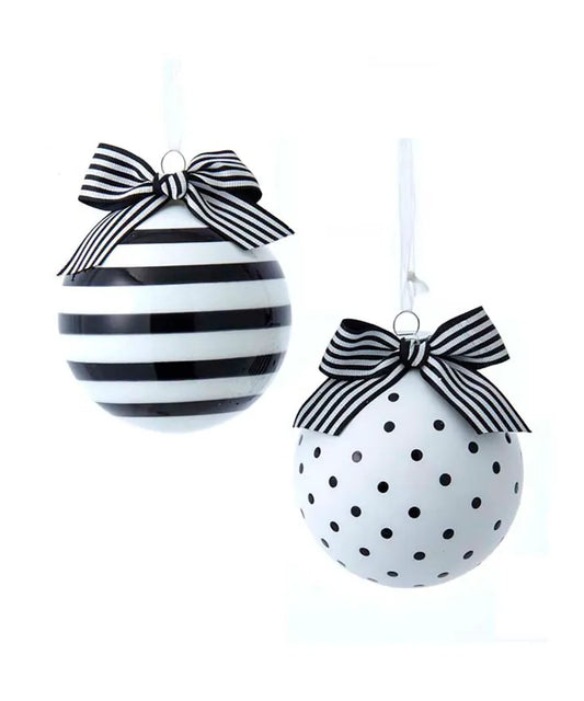 5" Ball w/ Bow Black White Stripes Ornament