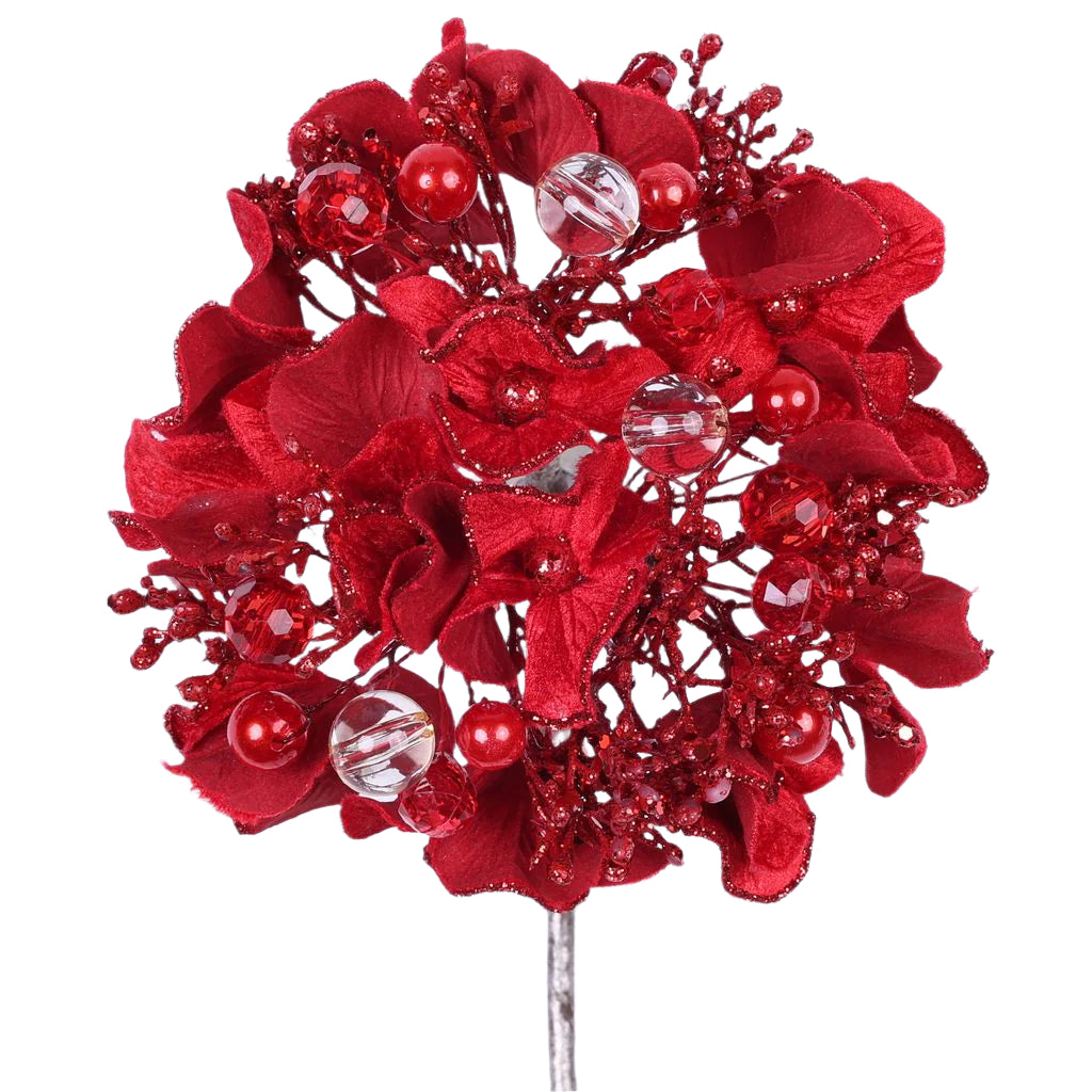 Red bejeweled hydrangea bloom with jewel accents.